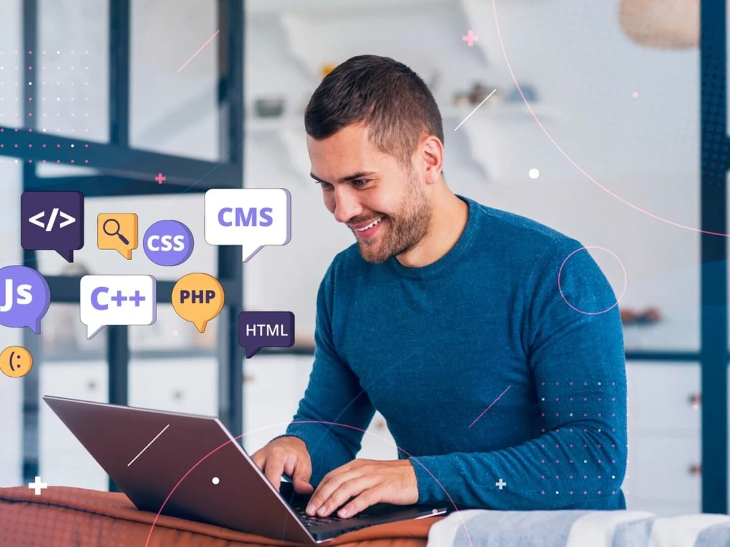 A web developer doing some web development with various technologies on his laptop.